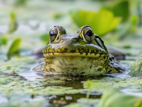 Close up portrait of a green frog in a pond showing its unique eyes and skin texture - Powered by Adobe
