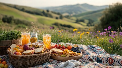 A serene picnic scene featuring wicker baskets packed with gourmet treats on a lush green field. generative ai