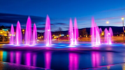 Vibrant illuminated water fountain display in a city square at dusk, surrounded by urban scenery