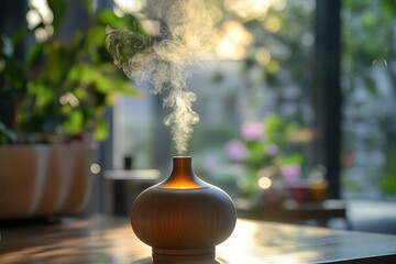 Aroma diffuser gently releasing a calming scent in a serene atmosphere