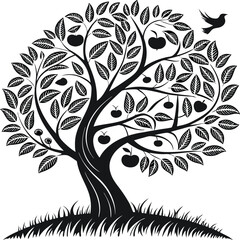 Obraz premium Stylized Black and White Apple Tree with Symbolic Bird and Intricate Leaves