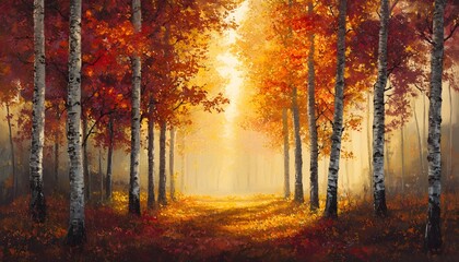 Golden Autumn Birch Forest Path Sunlight