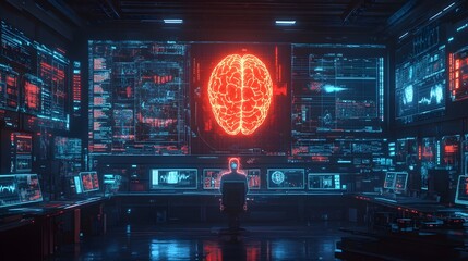 Bustling futuristic lab with a central figure in a glowing suit connected to a floating brain illuminated by neon lights surrounded by screens showcasing scientific diagrams and data