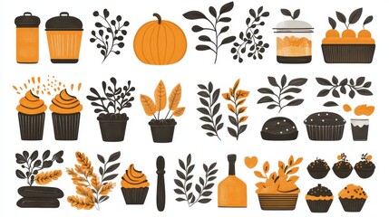 Autumn themed illustrations featuring pumpkins, coffee cups, cupcakes, plants, and leaves in a minimalist style with orange and black color palette