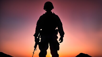 Fototapeta premium Silhouette of a soldier standing with a rifle at sunset.