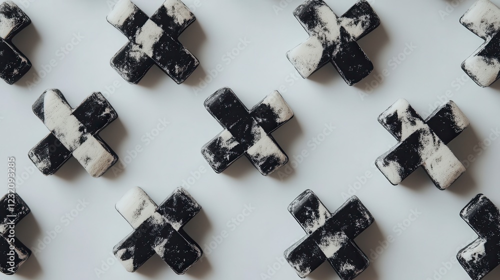 Poster abstract flatlay featuring black and white cross shapes arranged in a repeating pattern on a light g