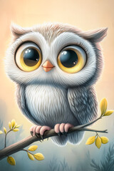 Obraz premium Adorable baby owl on branch watercolor painting for nursery decor