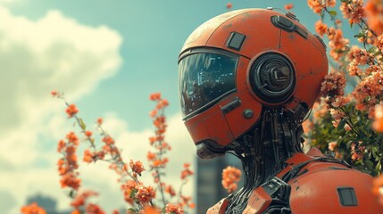 Rusty Robot's Spring Awakening: A Digital Painting of a Futuristic Android Amidst Blossoming Flowers