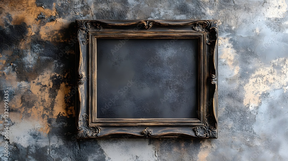 Poster weathered and distressed antique ornate vintage baroque style picture frame against a grungy texture