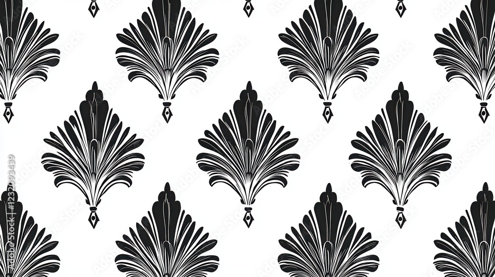 Poster black and white repeating pattern of stylized floral motifs on a white background. the design is int