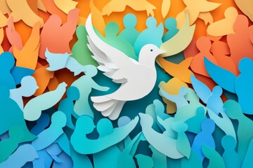 Fototapeta premium Colorful Paper Art of Dove and People Silhouettes