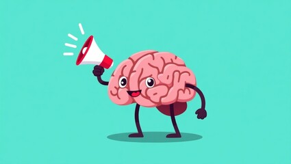 Playful brain character with megaphone