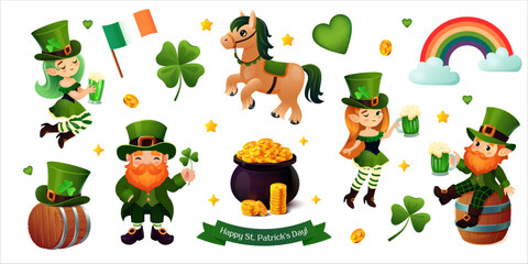 A vibrant and festive St. Patrick's Day vector set featuring cheerful leprechauns, lucky shamrocks, golden coins, a pot of gold, a green beer mug, an Irish flag, and a magical rainbow. This charming