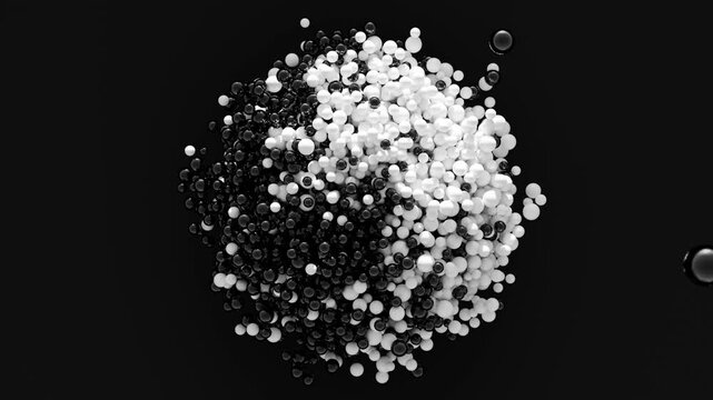 The black-and-white molecular structure spins around its center of gravity against a black background.