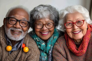 Three joyful seniors share a warm moment together, smiling warmly at the camera while wearing cozy sweaters and colorful scarves in a bright setting.