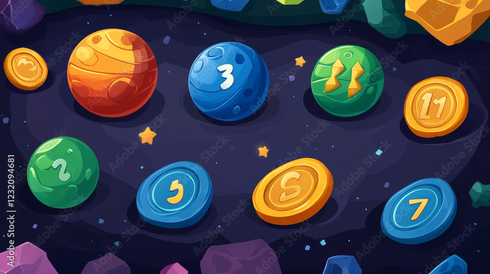 Poster space game background cartoon ui design. vector illustration of colorful alien planets, stone astero
