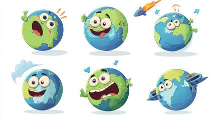 Cute planet Earth character with different emotions isolated on white background. Vector set of cartoon funny Earth smile, sleep, play with plane and ship, scared by meteorite. Creative emoji set