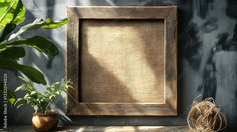 Poster wooden frame with lush green foliage and natural shadows creating a serene and tranquil atmosphere f