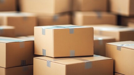 a stack of cardboard boxes,  perfect for a shipping or warehouse background. Close up image showcasing the detail and textures of these essential packaging materials 