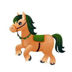 A vector illustration of a cartoon-style Irish horse with a green saddle, flowing dark green mane and tail, and festive decorations. This charming design is perfect for St. Patrick s Day celebrations
