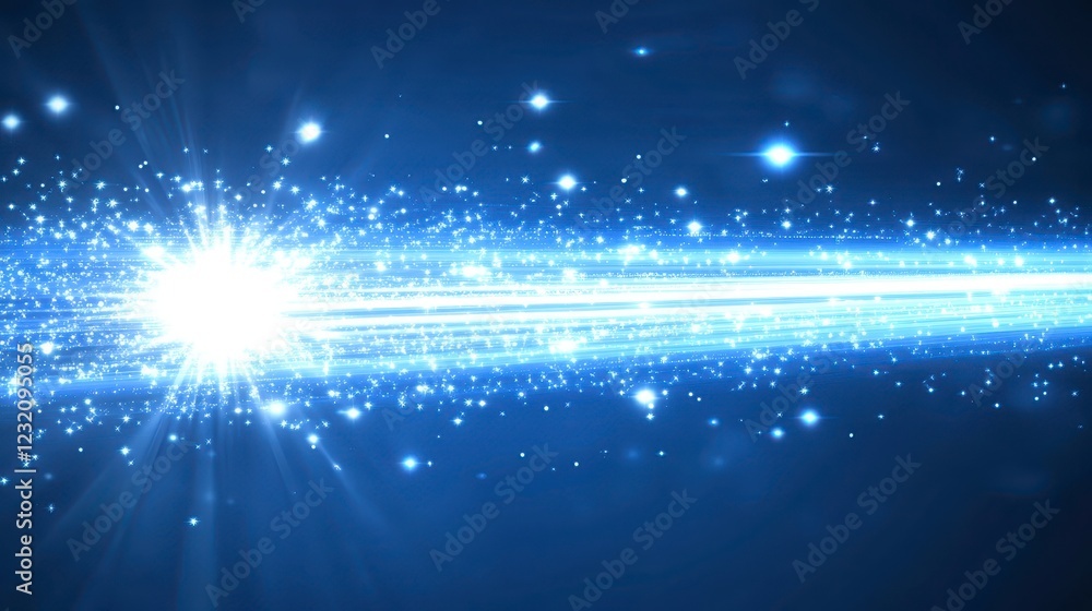 Poster abstract background with a bright blue light streak and sparkling particles on a dark background. th