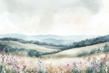Fototapeta premium ethereal watercolor landscape, rolling flower fields in pastel hues, loose brushstrokes, minimalist composition, dreamy atmosphere