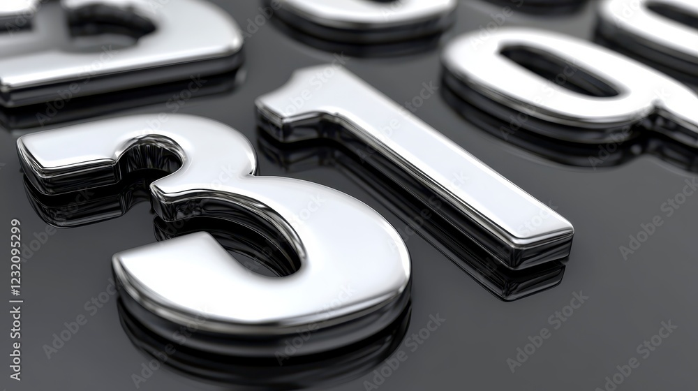 Poster close up view of chrome plated numbers 3, 1, and 0 on a dark reflective surface. the numbers have a 