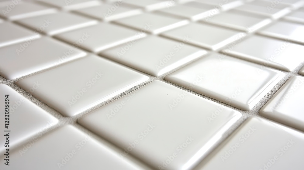 Poster close up view of a surface composed of numerous off white square tiles, arranged in a grid pattern. 
