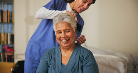 House, brushing hair and senior woman with nurse, smile and help with grooming routine. Medical,...