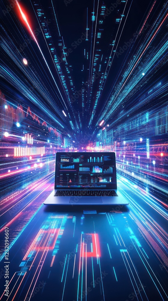 Poster laptop with screen data over a vibrant digital data stream. use for technology concept