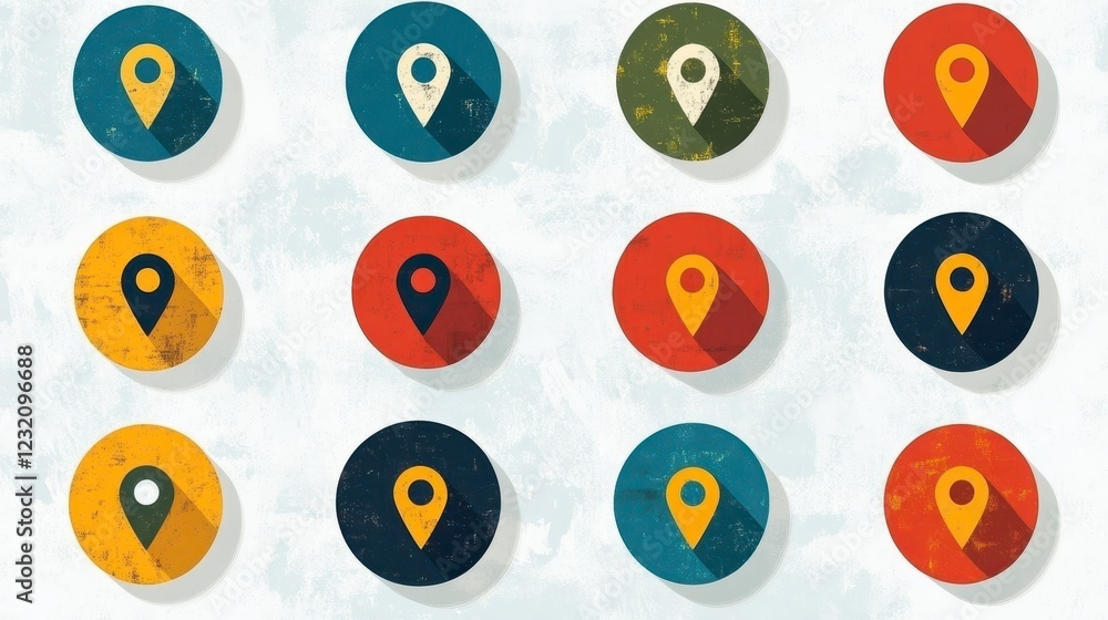Poster collection of twelve circular location icons in various colors with a long shadow effect, displayed 