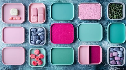 Overhead shot of various colorful candies and frozen berries arranged in pastel pink and green square containers on a mottled blue gray background