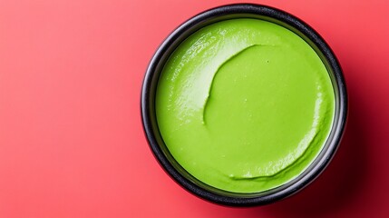 Vibrant Green Matcha Paste in a Small Black Bowl Against a Red Background