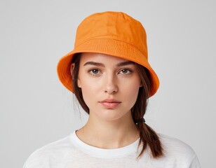 Young woman with a neutral expression wearing an orange bucket hat and a white shirt.