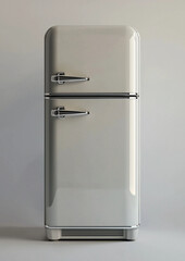 Vintage white refrigerator with a modern finish. Fridge isolated on neutral background. Smooth, curved edges and polished chrome handles, retro aesthetic. Interior design concept