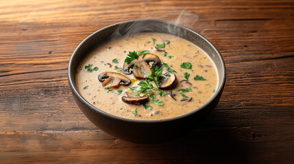 Rustic dining with a warm bowl of creamy mushroom soup