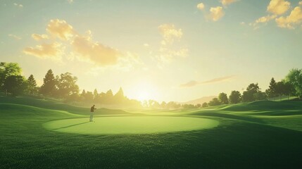 Golfer Practicing Putting on a Lush Green Course at Sunrise with Scenic Background