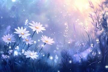 ethereal wildflower meadow at dawn with daisies swaying in morning mist, rendered in soft watercolor-like digital brushstrokes with dreamy bokeh effect