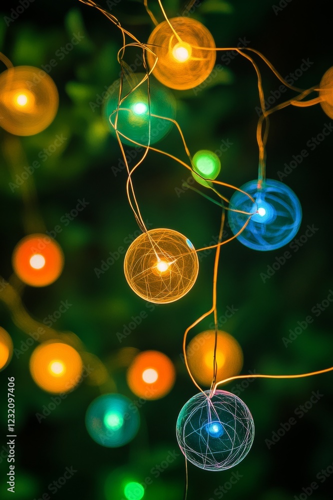 Poster festive string lights, glowing spheres with multicolored bokeh, creating magical holiday cheer