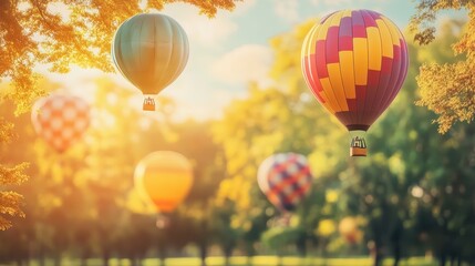 Obraz premium Vibrant hot air balloons ascend above a sunlit park, framed by autumnal trees. The balloons are various colors and patterns, creating a whimsical and