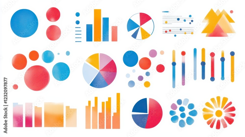 Poster collection of colorful data charts and graphs, rendered in a textured, pixelated style. includes cir