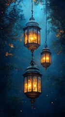 Three Ornate Lanterns Illuminate A Mystical Forest At Night, Casting A Magical, Enchanting Glow Among The Trees.