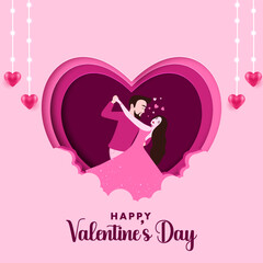 Flat paper cut style Valentine's day celebration greeting card, banner and poster design with beautiful couple vector illustration.