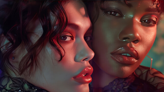 beauty portrait with androgynous models, ethereal glow, creative lighting, detailed textures, professional retouching, captivating focus