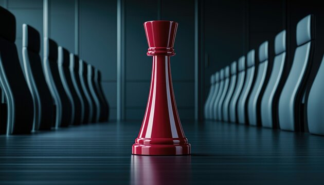 A striking red chess piece stands confidently in a dimly lit conference room, symbolizing strategy and leadership.