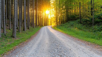Obraz premium Serene Gravel Road Winding Through Lush Forest at Sunset with Warm Golden Light