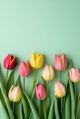 Obraz premium colorful tulips on the lower right side, against a light green background with space for text