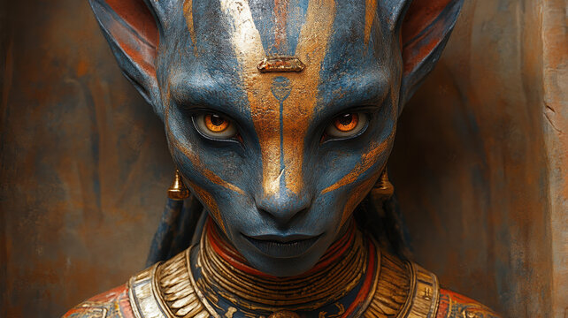 A hyper-realistic fantasy illustration of an Egyptian-inspired alien with gold-accented patterns, ornate armor, detailed eyes, and long ears, set against elegant script and vibrant colors.