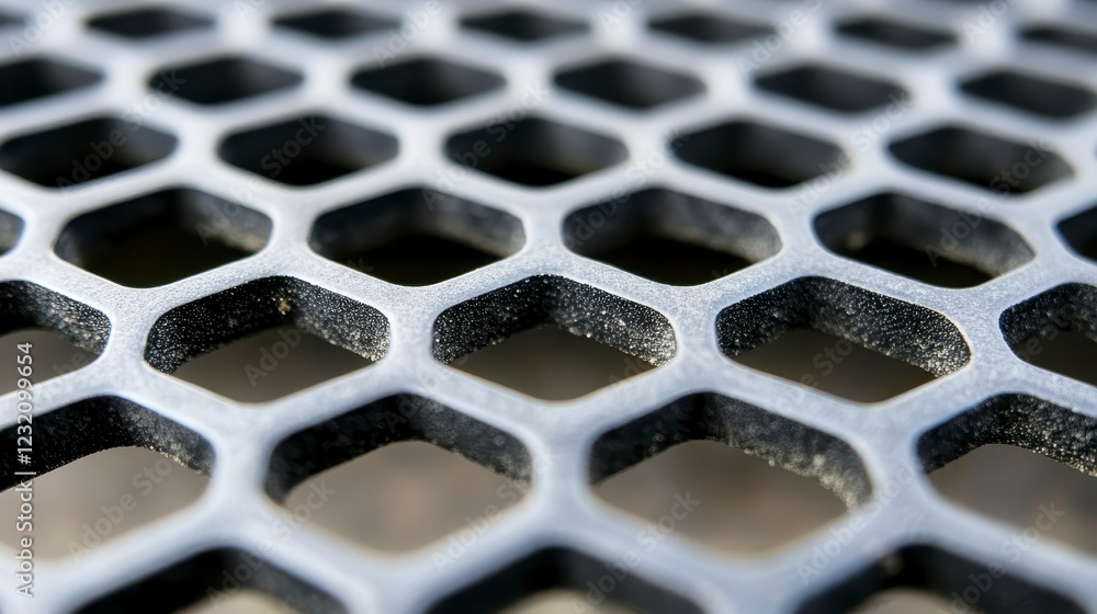 Poster close up view of a dark gray honeycomb pattern grid. the texture is slightly rough, showing a subtle