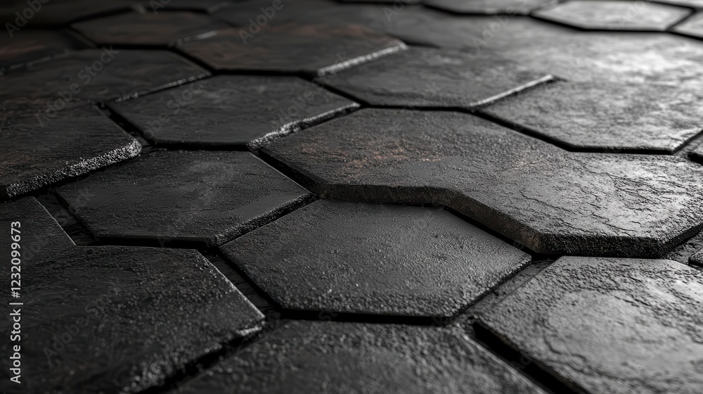 Poster dark gray hexagonal tiles textured surface, close up view, showing depth and subtle lighting variati